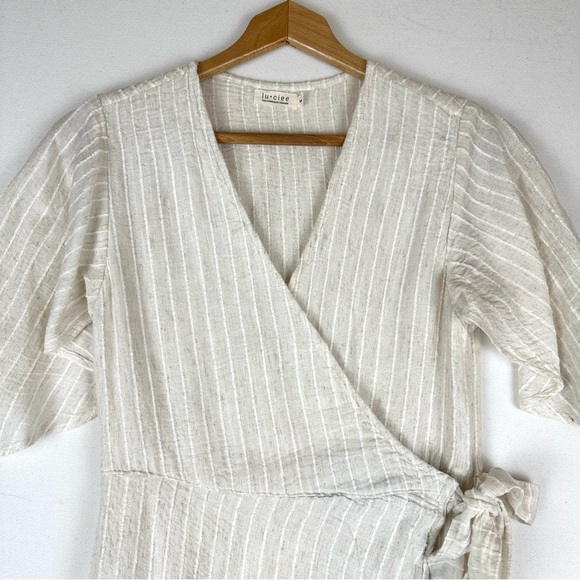 Lu ciee Natural Stripe Linen Blend Wrap Midi Dress Minimalist Classic Chic - Picture 5 of 14